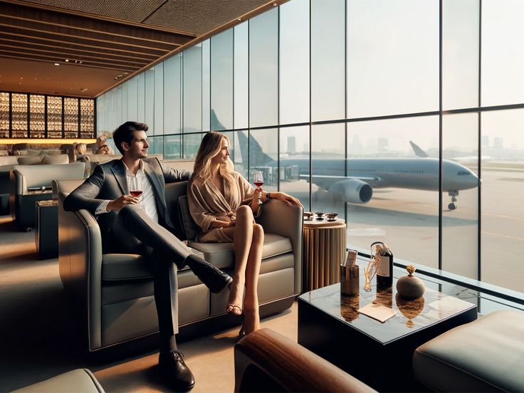 A stylish couple relaxing in a private airport lounge while waiting for their flight in Istanbul.