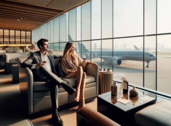 A stylish couple relaxing in a private airport lounge while waiting for their flight in Istanbul.